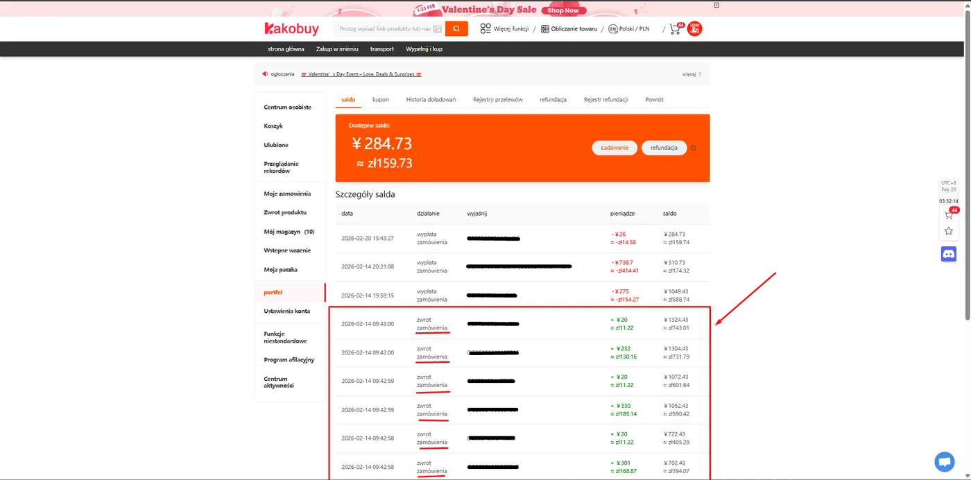Balance history in Kakobuy
